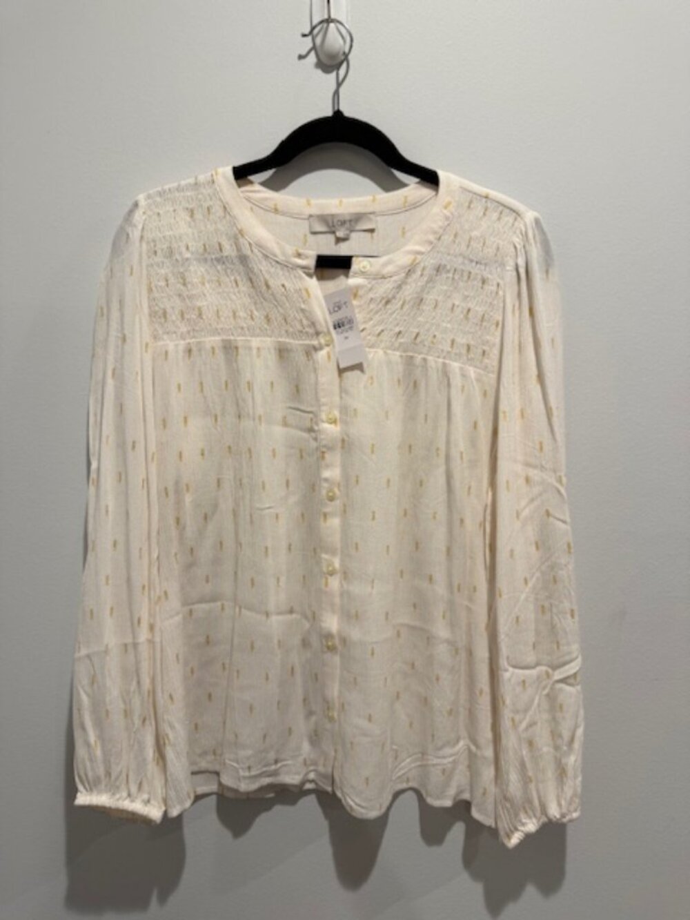 LOFT Blouse w/Metallic Gold Accents, Smocking Details - Size M